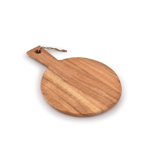 Image of Samhita Round Acacia Wood Cutting Board with Handle for Chopping and Serving Charcuterie, Cheese, Pizza, Bread - Wall Décor (33.02cm X 22.86cm X 1.09cm)