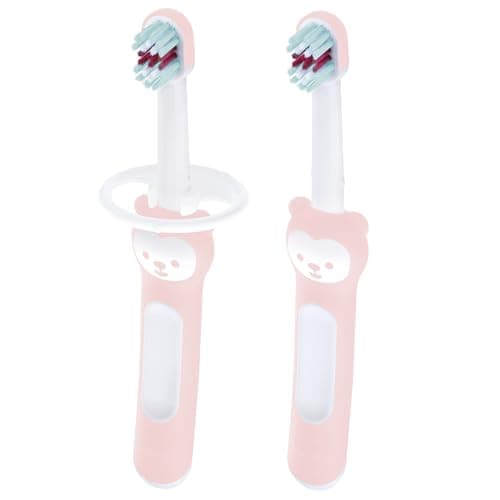 Image of MAM Baby's Brush | 2 Pack | Toothbrush with Safety Shield | 6+ Months | For Teaching Dental Hygiene to Babies | Extra Soft Bristles | Ergonomic and Non-Slip | Pink