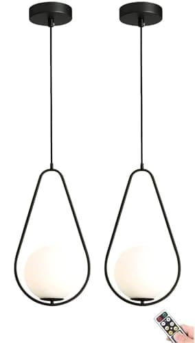 Image of Modern Battery Operated Pendant Light with Dimmable Rechargeable Bulb Stylish Hanging Ceiling Lighting for Kitchen Island Dining Table Living Room Bedroom Wireless Globe Chandelier with Time