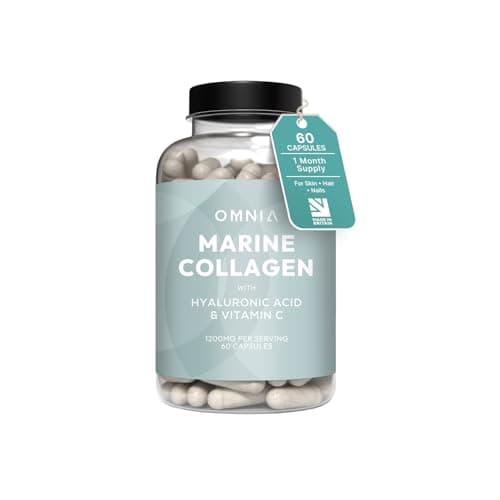 Image of Omnia Marine Collagen Capsules 1200mg, Premium Skin, Hair & Nail Health Support for Women & Men, Enriched with Type I Collagen, Hyaluronic Acid & Vitamin C, High-Potency Formula, UK Made, 60 Capsules