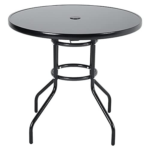 Image of The Fellie Garden Table Outdoor Dining Table Tempered Glass Top Coffee Table Patio Table with Parasol Hole (Round-80 x 80 x 72cm)