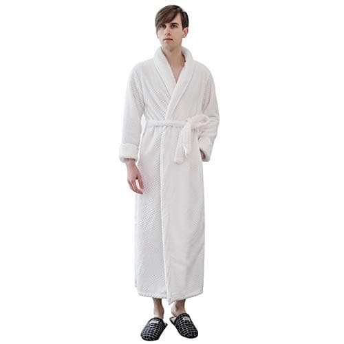 Image of ANUFER Unisex Women's Men's Thick Flannel Dressing Gown Shawl Collar Warm Long Winter Bathrobe White SN071027 XL