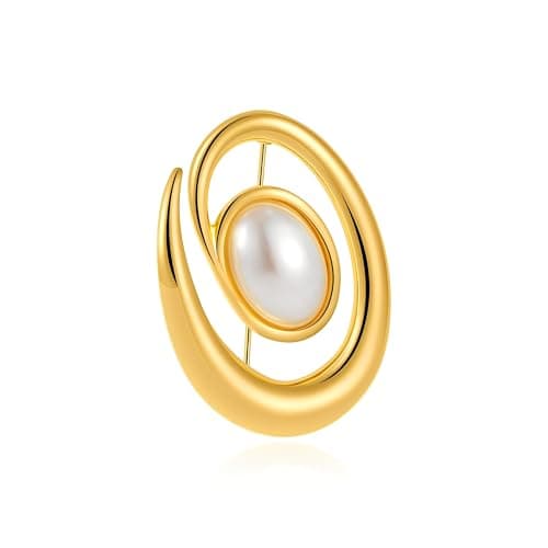 Image of Spiral Oval Pearl Brooch for Women Men - Gold Plated Elegant Lapel Pin for Weddings, Suits, Dresses, Hats - Unisex Minimalist Jewellery Accessory