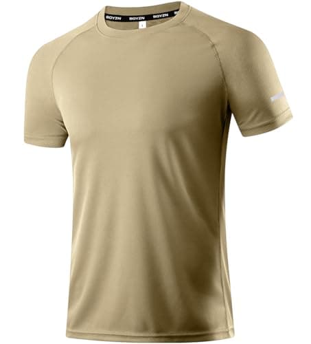 Image of Workout Shirts for Men - Activewear Tops Gym Shirts Dry Fit Mesh Moisture Wicking Running Fitness Short Sleeve Sports Athletic T-Shirt Tops Khaki M