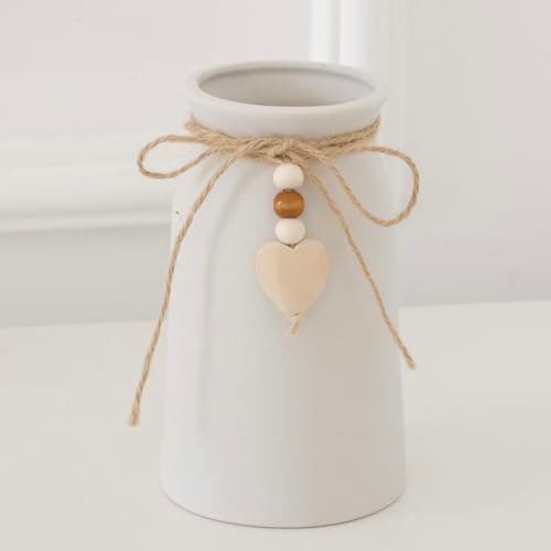 Image of HOPEME Charming 6-Inch Ceramic Vase with Jute Rope & Heart Charm, Elegant Boho & Farmhouse Décor, Small Vase for Home and Office, White