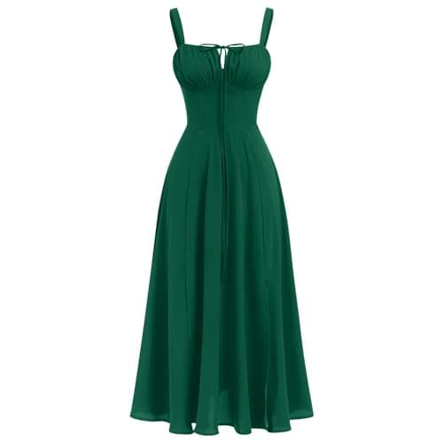 Image of IBAKOM Women's Summer Spaghetti Strap Dress Spring Boho Front Slit Swing Midi Sundress Party Holiday Beach Dress Green L