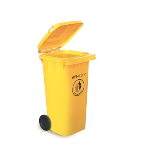 Image of CHARLES BENTLEY Wheelie Bin, 120 Litre, Yellow Wheelie Bin, Weatherproof, Durable, High Density Polyethylene, Two Wheels, Ultra Violet Resistant, Robust, Frost and Chemical Exposure (95x55x47cm)