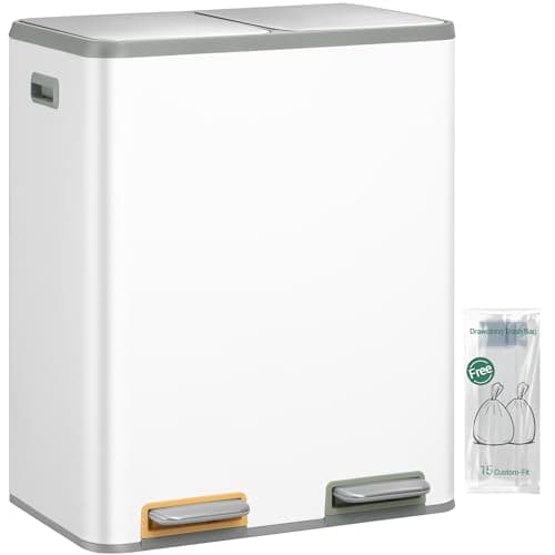 Image of Hzuaneri Kitchen Bin, 2 x 30 L Recycling Bins for Kitchen, Colored Pedal Bin with Lid, Removable Inner Buckets, Stainless Steel Rubbish Bins for Recycling and Waste, for Kitchens, White SW23099W
