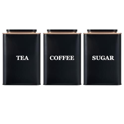Image of Bayseun Tea Coffee Sugar Canisters, Set of 3 Tea Coffee and Sugar Canisters for Home, Easy Open & Airtight Lids, Decorative Food Caddy, Kitchen Storage Jars, Decorative Stainless Tins, Black