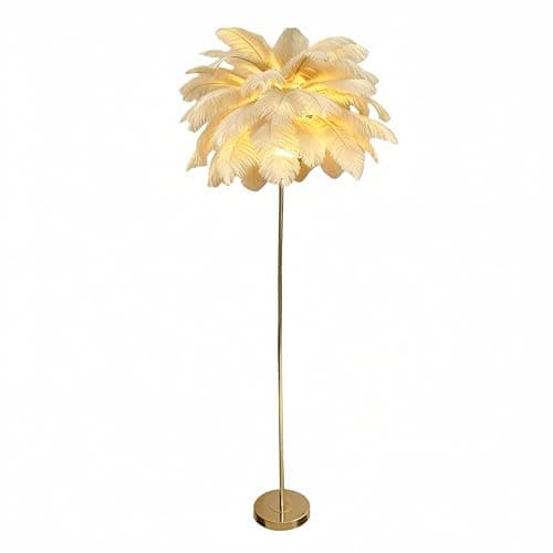 Image of Creative White Ostrich Feather Floor Lamp Bedside Lamp Light Luxury and Elegant Lampshade Night Light Table Lighting for Living Room Bedroom Home Decoration, Plug-in