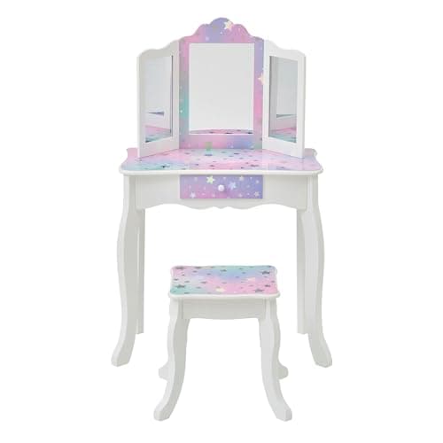 Image of Fantasy Fields Gisele Starry Sky Kids Vanity Table & Stool Set with Tri-Fold Acrylic Mirror, Drawer Storage, White/Lavender Starry Bedroom Dressing Table for Ages 3+