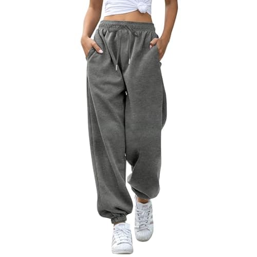 Image of EBANKU Women's Cinch Bottom Sweatpants with Pockets Plain Tracksuit Baggy Elastic Waist Trousers for Casual Hip Hop, Gym and Jogging (85% Cotton) Deep Gray