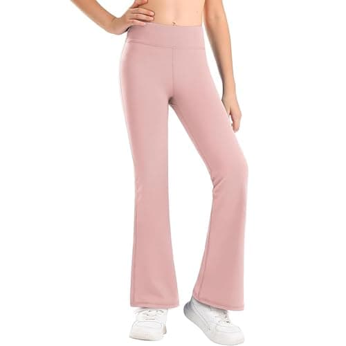 Image of Flared Leggings Kids Girls School Casual Sports Stretchy High Waisted Bootcut Leggings for Teenage Girls Elastic Waist Comfy Workout Yoga Bottoms Age 3-14 Years (9-10 Years) Pink