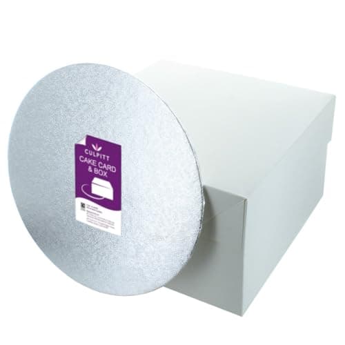 Image of Culpitt 10" (25cm) Round Silver Cake Card & White Box Combo, 3mm Turned Edge Board and For Sponge Cakes, Muffins, Cupcakes