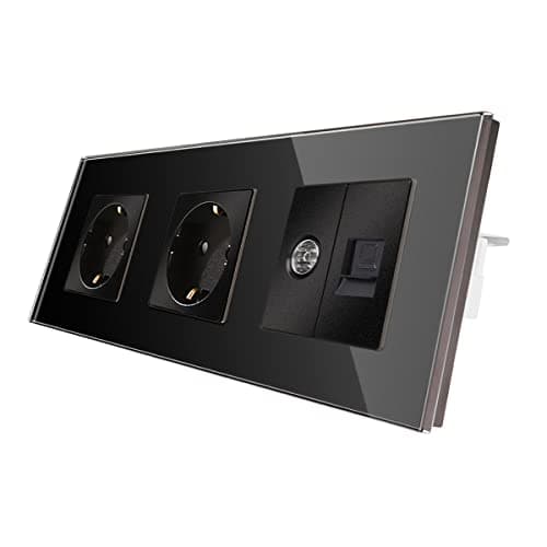 Image of CNBINGO Glass Schuko Socket Flush-Mounted with Combination CAT6 Network TV, Double Socket, Black, Wall Socket Double with Glass Frame, MP026+MP025+M1-P111.5