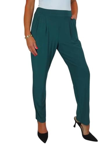 Image of Women's Smart Work Trousers Ladies Soft Stretch Elasticated Waist Lightweight Pull On Trouser High Waist Bottle Green 10-20 (12)