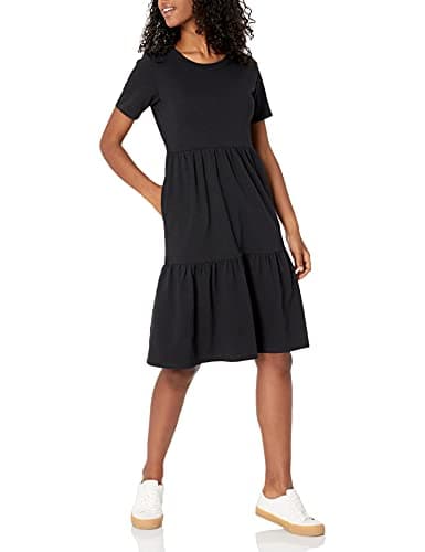 Image of Amazon Essentials Women's Casual Cotton Short Sleeve Crew Neck Tiered Dress, Black, S