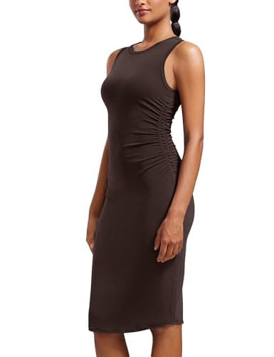 Image of CRZ YOGA Women's Butterluxe Ruched Bodycon Midi Dresses Casual Sleeveless Crewneck Stretchy Elegant Party Pencil Tank Dress Hot Fudge Brown 12