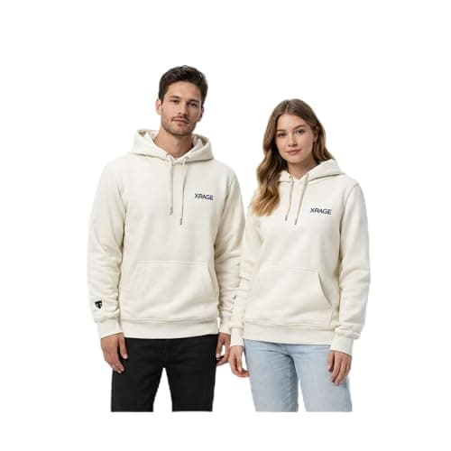 Image of X RAGE Off White Unisex - Logo Embroidered Hoodie – Premium Cotton Blend Fleece Pullover for Men & Women with Kangaroo Pockets (UK, Alpha, L, Regular, Regular)