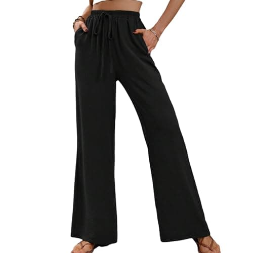 Image of JiaYouLC Women Linen Trousers with Pockets Summer Wide Leg Casual Pants High Waisted Drawstring Trousers for Sports Running Joggers (UK, Alpha, M, Regular, Regular, Black)