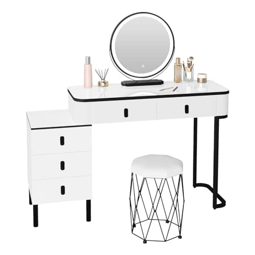 Image of WOLTU Dressing Table with Mirror and Stool, Makeup Table, 3-Colour Dimmable, Vanity Desk with 5 Drawers, Flexible Assembly, 100x40cm Tabletop, White+Black