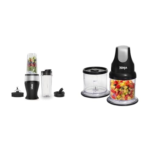 Image of Ninja 700W Slim Blender & Smoothie Maker, 2x 470ml Cups with Spout Lids, Personal Blender, Crush Ice & Frozen Fruit, Silver/Black QB3001UKS & Professional Chopper [NJ1002UKBK] Stackable, 200W, Black