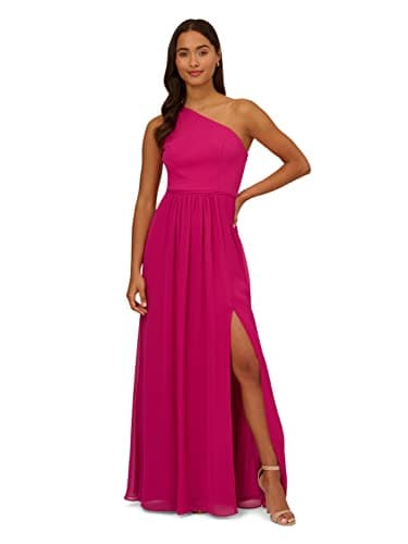 Image of Adrianna Papell Women's One Shoulder Chiffon Gown Special Occasion Dress, Bright Magenta, 10