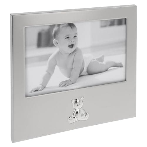 Image of Shudehill Giftware Two Tone Baby 6x4 Photo Frame - Silver Teddy or Train Themed Designs Gift Child's Room, New Baby Gift Idea (Teddy)