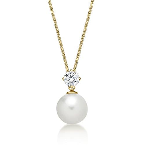 Image of Diamond Treats Pearl Pendant Necklace for Women with 8 mm White Freshwater Pearl Pendant Set with Single Sparkling Cubic Zirconia, Dainty 9K Yellow Gold Pearl Necklace with a Natural Freshwater Pearl