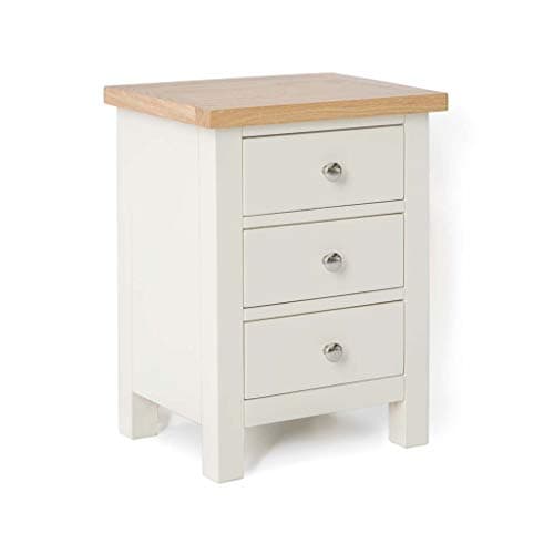 Image of RoselandFurniture Farro Cream Bedside Table Quality 3 Drawer Bedside Cabinet with Oak Top | Fully Assembled Painted Solid Wooden Side End Nightstand for Bedroom, Bathroom, and Hallway