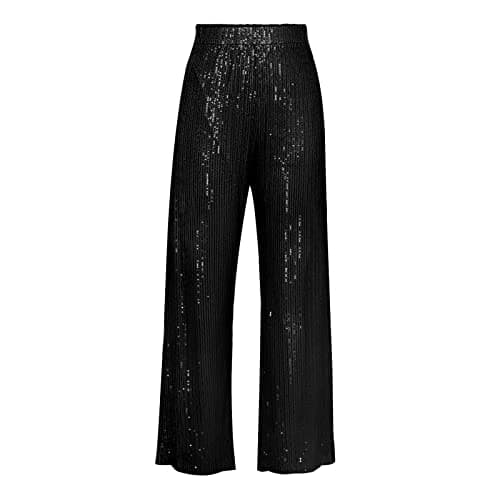 Image of Betrodi Women Sparkle Long Pants Straight Leg Glitter Sequins Loose Trousers Sexy Bling Party Clubwear (Black Glitter, Large)