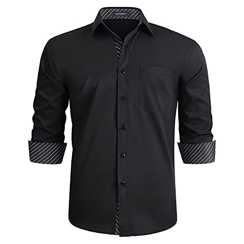 Image of HISDERN Men Black Stripe Dress Shirt Long Sleeve Business Regular Fit Wedding Work Party Button Down Shirts