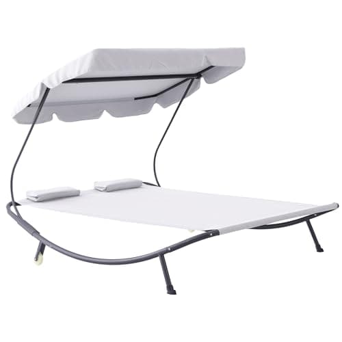Image of Outsunny Double Sun Lounger with Adjustable Detachable Canopy, Portable Garden Daybed for 2 with Wheels, Outdoor Sunbed Hammock with 2 Pillows, 220 KG Max. Load, White