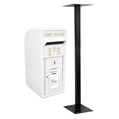 Image of Royal Mail Post Box with Floor Stand ER Cast Iron Wall Mounted Wedding Authentic Pillar Replica Lockable Post Office Letter Box White