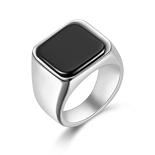 Image of Joliernelle Black Onyx Signet Ring for Men Solid Stainless Steel Classic Band Ring Silver Size Z 1/3