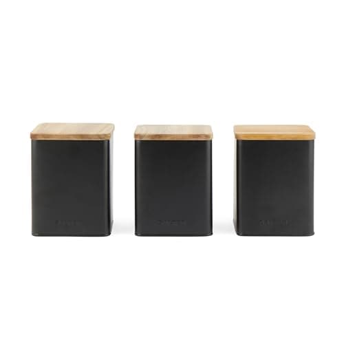 Image of Salter BW12898EU7 Toronto 3-Piece Canister Set – Tea, Coffee, Sugar Storage Canisters, Powder-Coated Matt Finish, Acacia Wood Lids, Easy Clean, Space Saving Jars, Long Lasting Freshness, Black