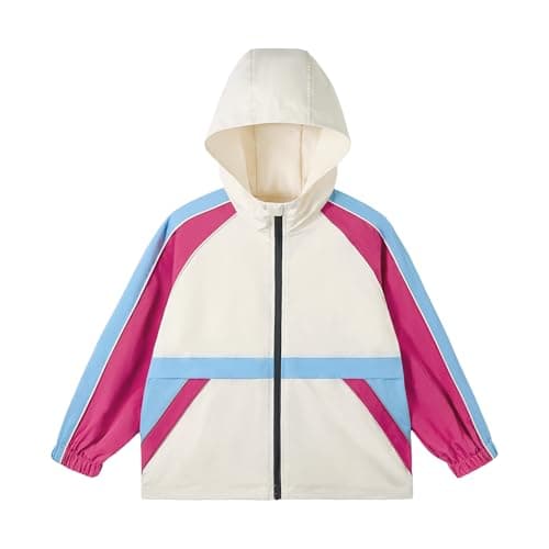 Image of Rolanko Girls Waterproof Jacket with Hooded, Kids Boys Lightweight Windbreaker Raincoat Zip Outdoors Jackets, Beige, Size: 14-15 Years, 170