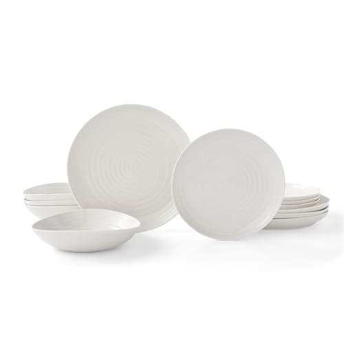 Image of Portmeirion x Sophie Conran 12 Piece White Porcelain Coupe Plate and Bowl Set - Elegant and Oven Safe Tableware, Suitable for Everyday Dining or Special Occasions