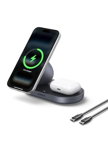 Image of UGREEN Zapix Qi2 Certitied 15W MagSafe Charger Compatible, 2-in-1 Wireless Charger Stand Magnetic Charging Station Compatible with iPhone 17/16/15/14/13/12, AirPods 4/3/2/Pro 3/2-Grey