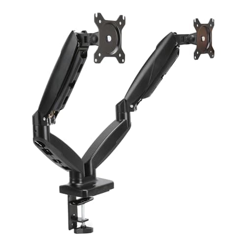 Image of Amazon Basics Gas Spring Dual Computer Monitor Arm Mount, Adjustable, Holds Monitors up to 27 Inches (68.6 cm), Black
