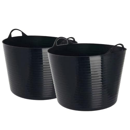 Image of 42L Heavy Duty Flexible Trug Bucket Black (Pack of 2) – Large Builders Bucket with Handles, Multipurpose Plastic Tub for Garden, Laundry, Construction, Cleaning & Storage