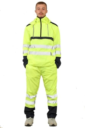 Image of Hi Vis Rain Tracksuit - Mens High Visibility Waterproof Reflective Tape Band Safety Lightweight Rainsuit Hooded Top Trouser Plus Yellow Large