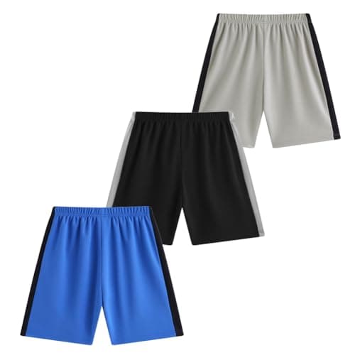 Image of FedMois Boys' Athletic Shorts Sport Shorts for PE School Football, Pack of 3, Black, Grey and Blue, 7-8 Years