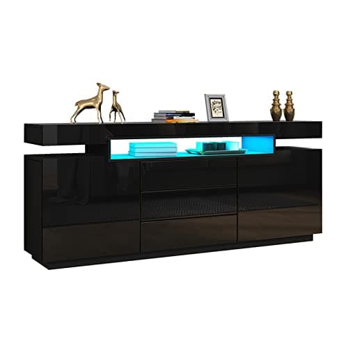 Image of BESTWANTED Sideboard High Gloss LED Sideboard Cabinet with 2 Doors and 3 Drawers Modern Living Room Bedroom Furniture 160 x 72 x 35 cm (Black)