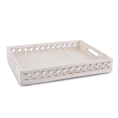 Image of EDHAS Platters Mango Wood Tray with Handles Serving Platters for Breakfast in Bed, Tea, Coffee with Cutout Handles (White) (35.56cm x 27.94cm x 5.08cm)