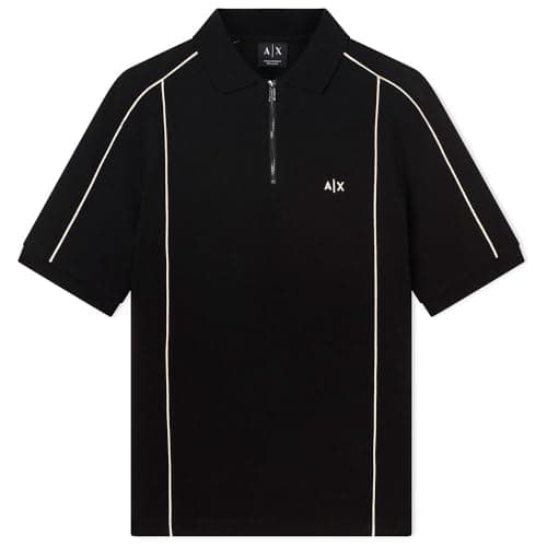 Image of Armani Exchange Men's 3D Embroidered Logo Half Silver Zip Body Sleeve Stripes Polo Shirt, Black, M