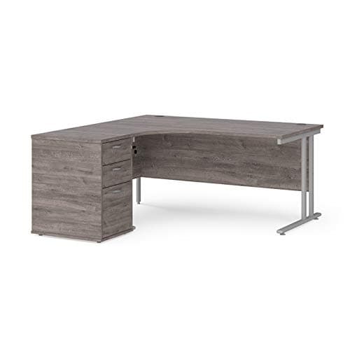 Image of Mr Office Maestro 25 left hand ergonomic desk with silver cantilever frame and desk high pedestal bundle, Grey oak, 1600