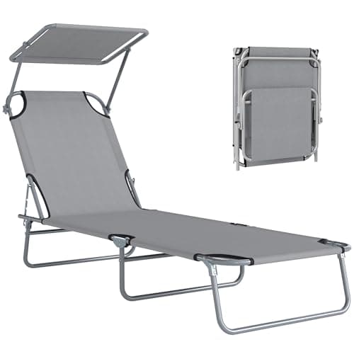 Image of Outsunny Folding Sun Lounger with Canopy, Reclining Sunbed with 4-Position Adjustable Backrest, 600D Oxford Cloth, Portable Garden Lounger Recliner Chair for Beach, Camping, Patio, Light Grey
