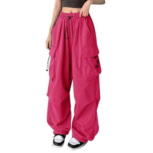 Image of Cargo Pants for Women UK Ladies Cargo Combat Stretch Casual Trousers Straight Leg Plain Athletic Jogging Trousers Relaxed Solid Color Casual Walking Combat Bottoms Plus Size Lounge Pants Hot Pink