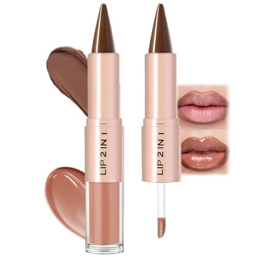 Image of Brown Lip Liner & Lip Gloss Set, 2-in-1 Dual-Ended Brown Lip-Liner with Moisturizing Gloss, High Shine Matte Lipstick Sets for Women, Long Lasting Waterproof Nude Ombre Effect Makeup